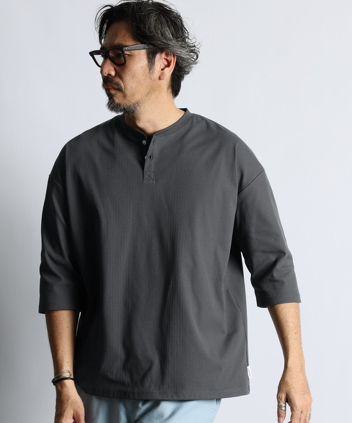 高収縮機能素材「エアフレックス」ランダムリブ 7分袖Tシャツ