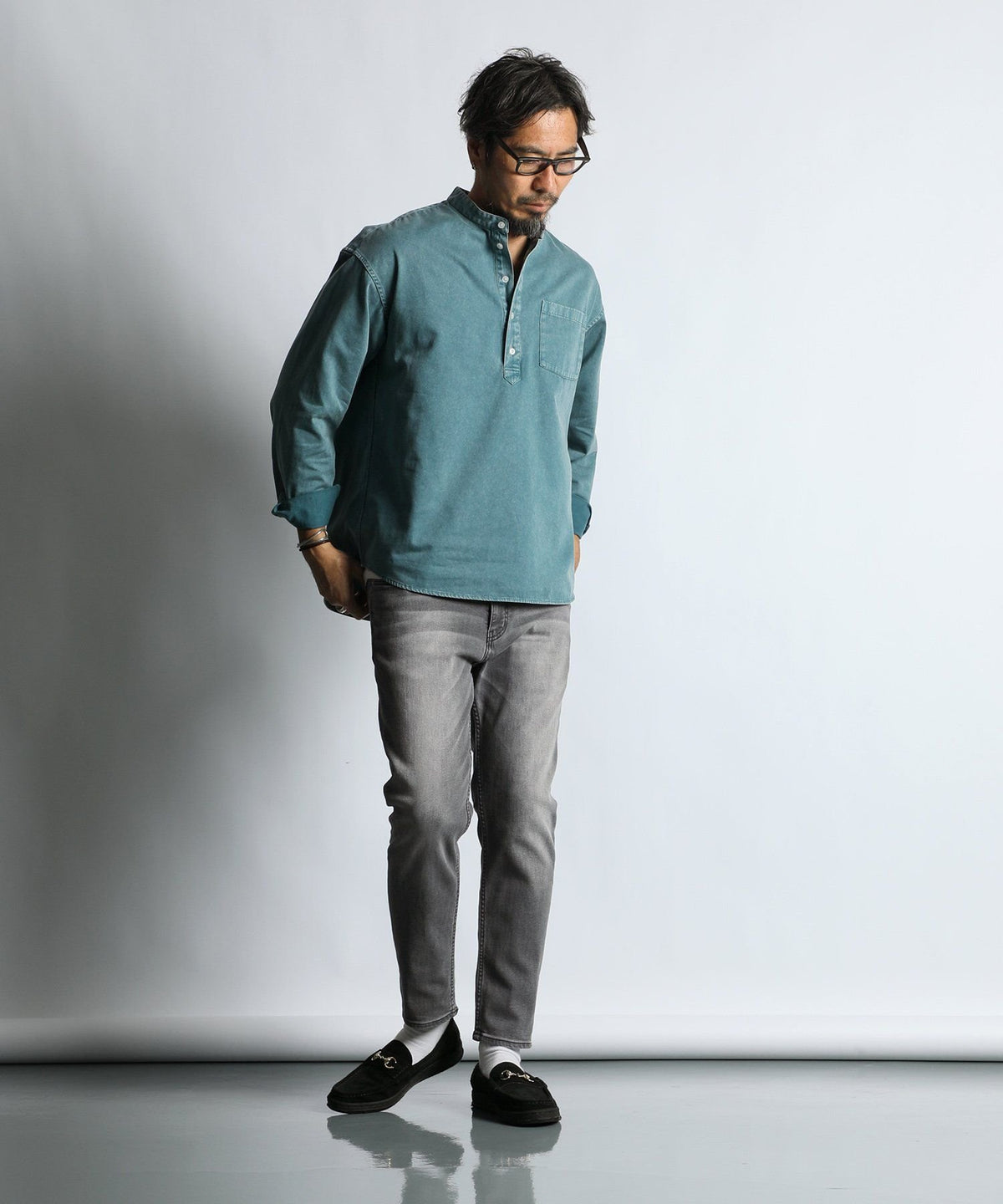 ピグメント加工 バンドカラー プルオーバーシャツ【WEB限定アイテム】