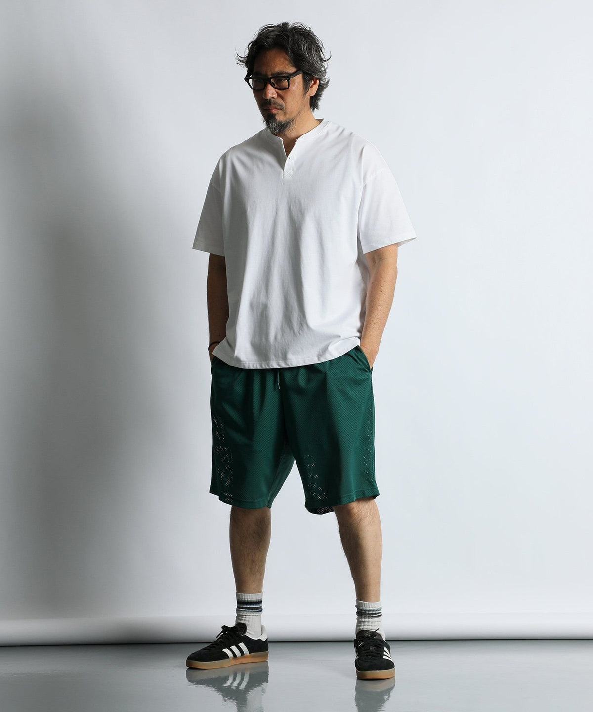 〔BLACK LABEL〕:オーバーサイズ ヘンリーネックTシャツ / 度詰め天竺