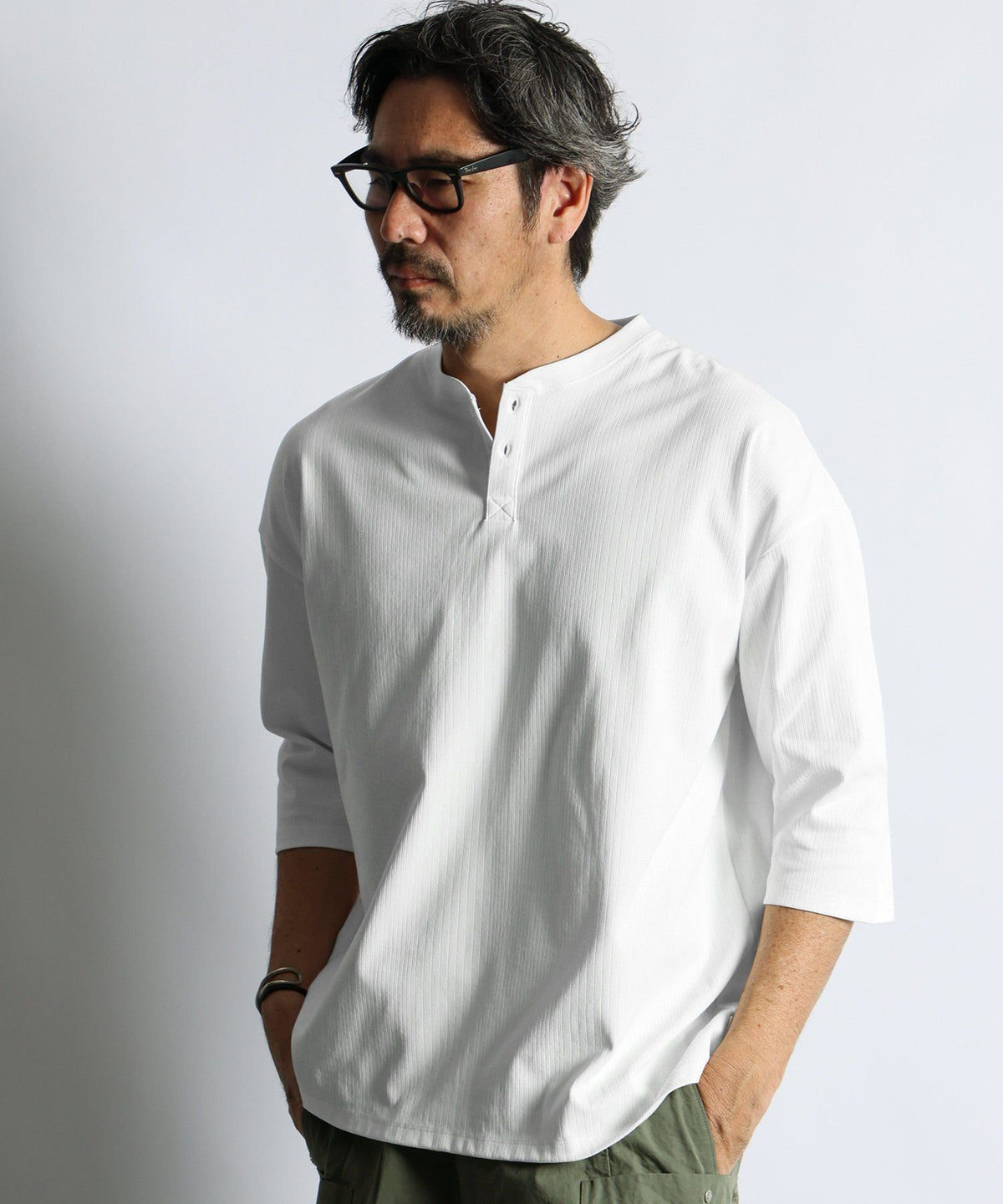 高収縮機能素材「エアフレックス」ランダムリブ 7分袖Tシャツ