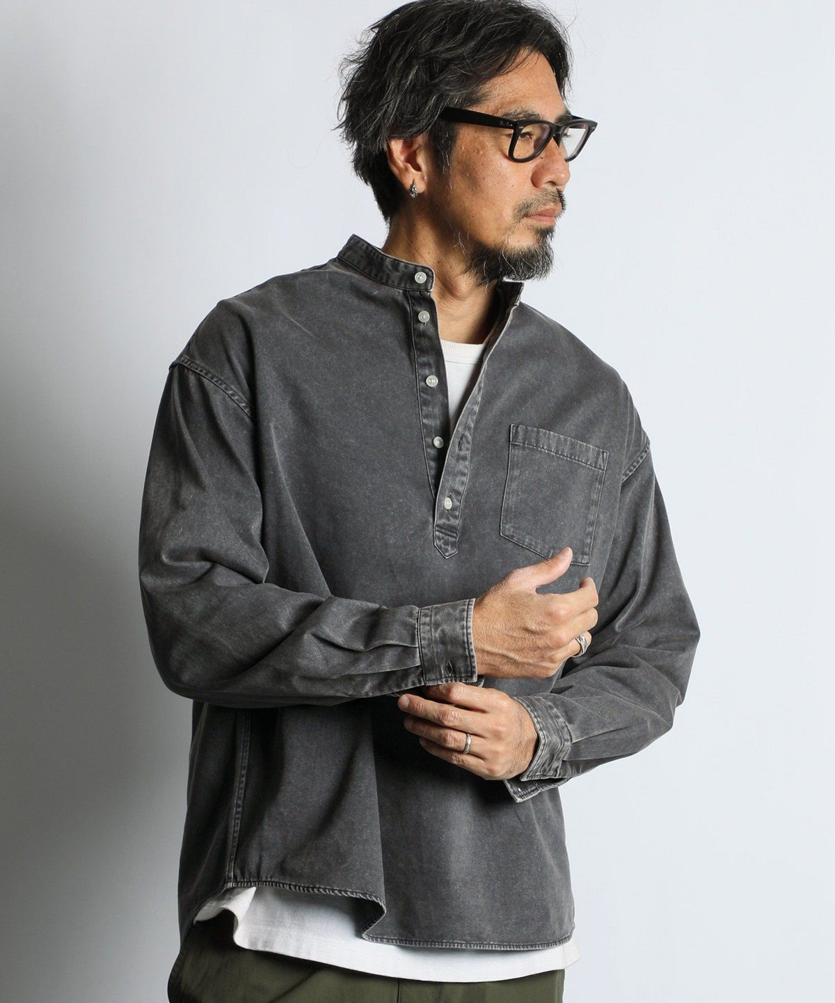 ピグメント加工 バンドカラー プルオーバーシャツ【WEB限定アイテム】