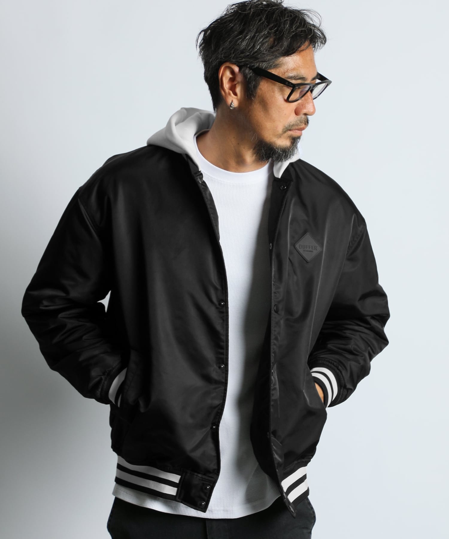 BLACK LABEL〕：フーデッド サテン スタジアムジャケット