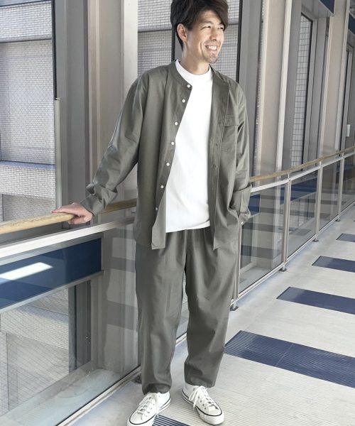 【25AW】麻混バンドカラーシャツセットアップコーデ【BEIGE】