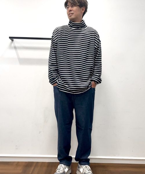 【25AW】ボーダー柄タートルネック大人コーデ【NAVY】