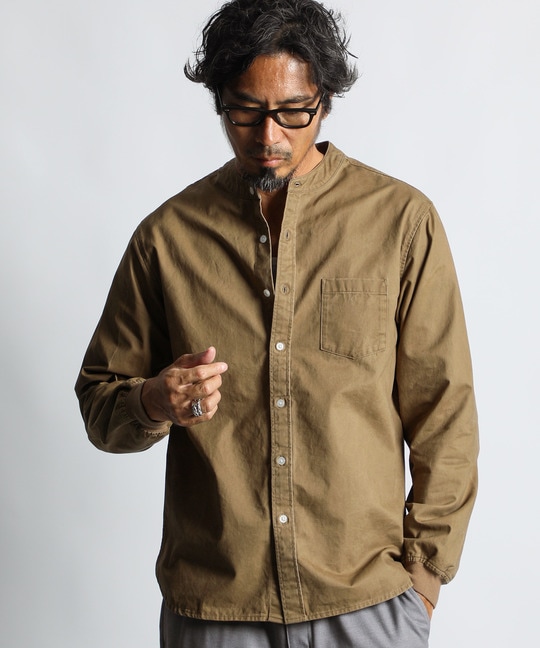 硫化染めバイオウォッシュ ノーカラーリブ袖シャツ ｜The DUFFER