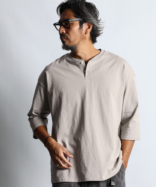 ヘビーウェイト リラックスフィット 7分袖　ヘンリーTシャツ