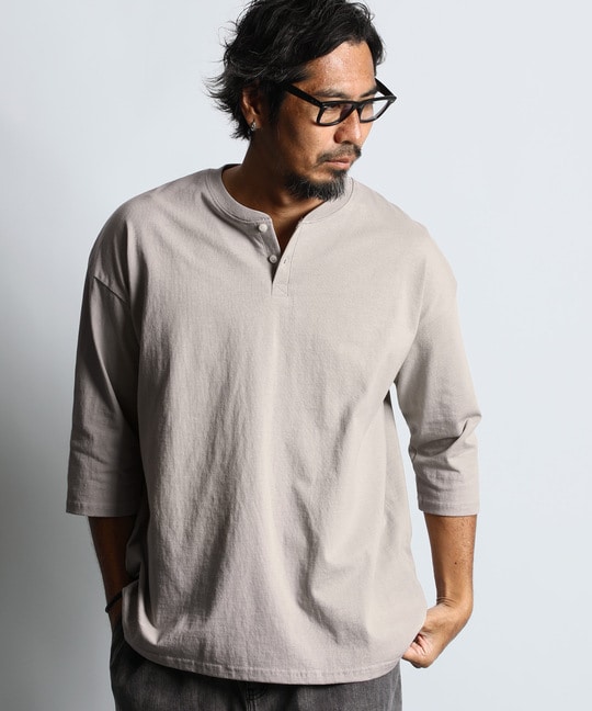 ヘビーウェイト リラックスフィット 7分袖ヘンリーTシャツ