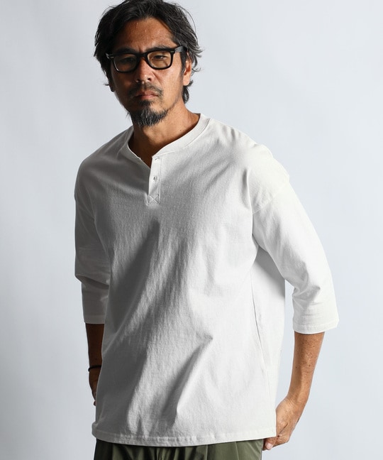 ヘビーウェイト リラックスフィット 7分袖ヘンリーTシャツ