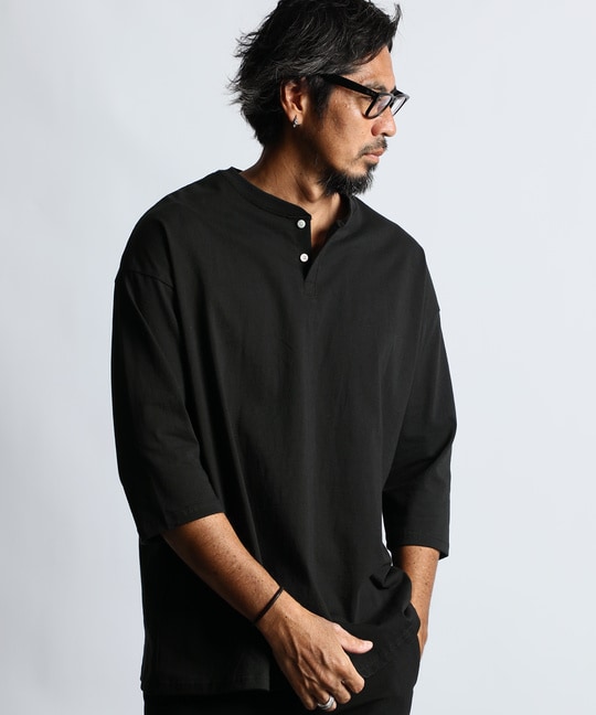 ヘビーウェイト リラックスフィット 7分袖　ヘンリーTシャツ