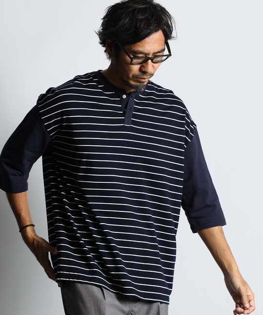 7分袖 ボーダー　ヘンリーネックTシャツ