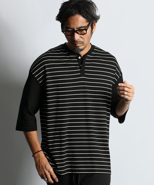 7分袖 ボーダー　ヘンリーネックTシャツ