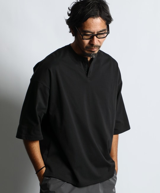 2層構造 吸水速乾クールマックス リラックスフィットヘンリーTシャツ