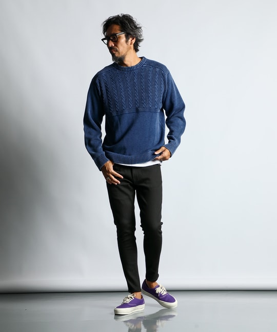[INDIGO LABEL]：切り替えデザイン ケーブルインディゴニット