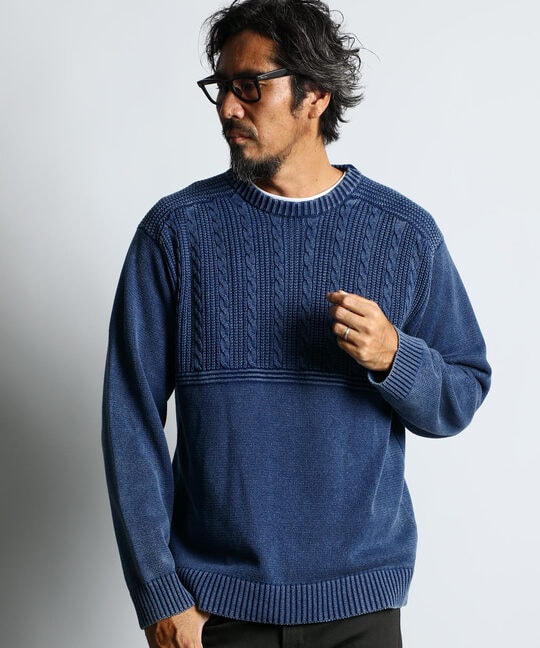 [INDIGO LABEL]：切り替えデザイン ケーブルインディゴニット
