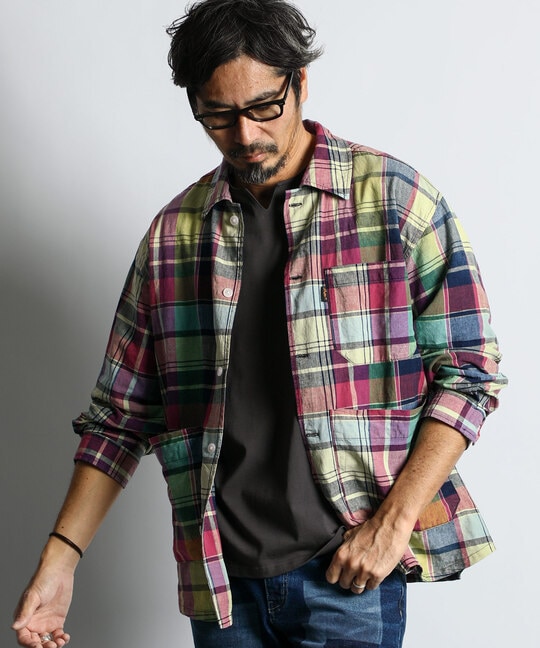 [INDIGO LABEL]：インディゴ マドラスチェック シャツカバーオール