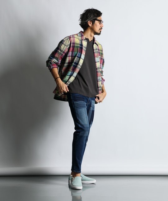 [INDIGO LABEL]：インディゴ マドラスチェック シャツカバーオール