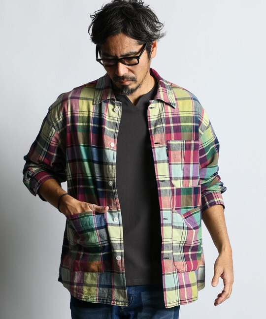 [INDIGO LABEL]：インディゴ マドラスチェック シャツカバーオール