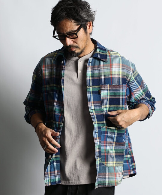 [INDIGO LABEL]：インディゴ マドラスチェック シャツカバーオール