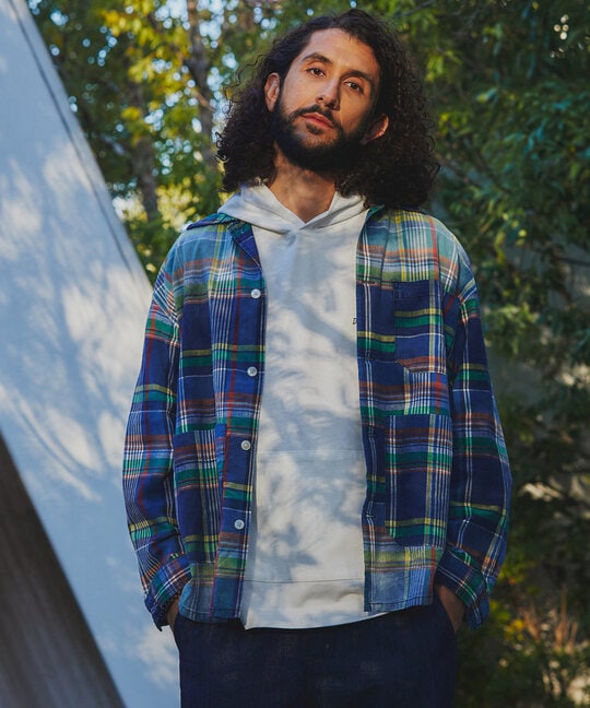 [INDIGO LABEL]：インディゴ マドラスチェック シャツカバーオール