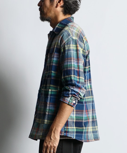 [INDIGO LABEL]：インディゴ マドラスチェック シャツカバーオール