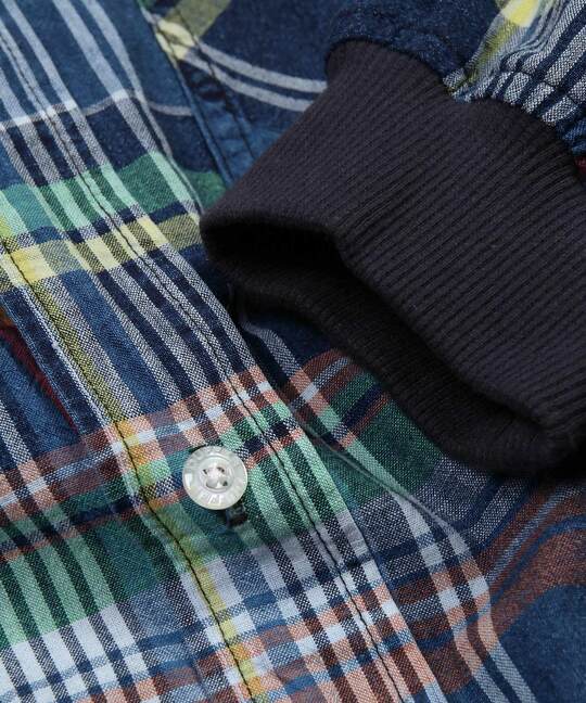 [INDIGO LABEL]：インディゴ マドラスチェック リブ袖シャツ