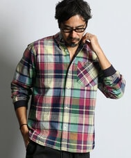 [INDIGO LABEL]：インディゴ マドラスチェック リブ袖シャツ