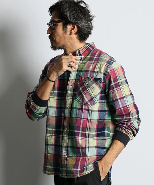 [INDIGO LABEL]：インディゴ マドラスチェック リブ袖シャツ
