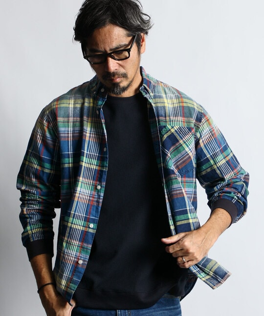 [INDIGO LABEL]：インディゴ マドラスチェック リブ袖シャツ