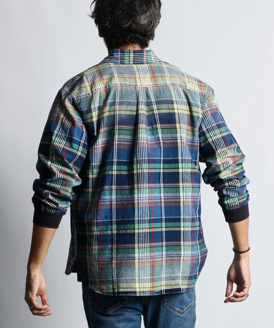 [INDIGO LABEL]：インディゴ マドラスチェック リブ袖シャツ