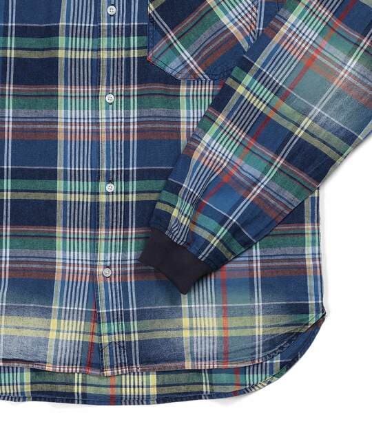 [INDIGO LABEL]：インディゴ マドラスチェック リブ袖シャツ