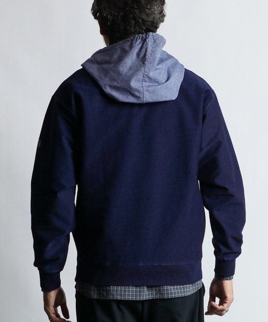 [INDIGO LABEL] ：インディゴ 切替デザイン ハーフジップパーカー
