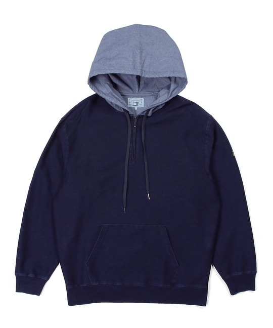 [INDIGO LABEL] ：インディゴ 切替デザイン ハーフジップパーカー