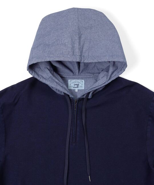 [INDIGO LABEL] ：インディゴ 切替デザイン ハーフジップパーカー