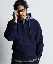 [INDIGO LABEL] ：インディゴ 切替デザイン ハーフジップパーカー