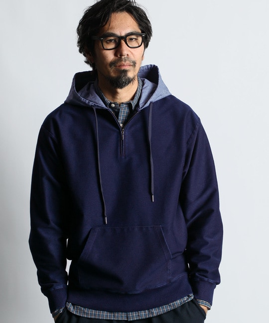 [INDIGO LABEL] ：インディゴ 切替デザイン ハーフジップパーカー