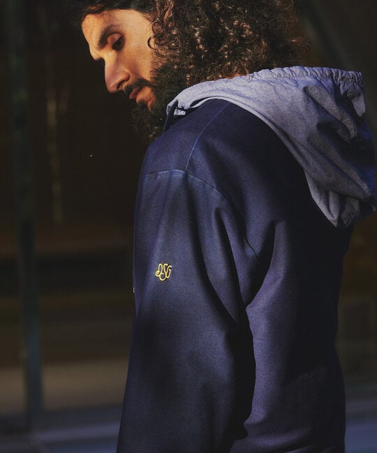 [INDIGO LABEL] ：インディゴ 切替デザイン ハーフジップパーカー