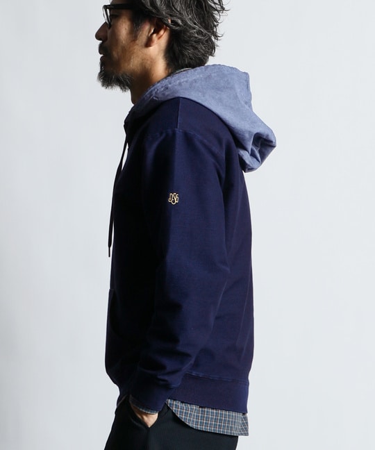 [INDIGO LABEL] ：インディゴ 切替デザイン ハーフジップパーカー