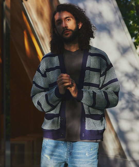 [INDIGO LABEL] ：インディゴ タックボーダー カーディガン