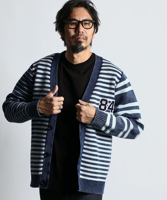 [INDIGO LABEL] ：インディゴ ボーダー ストライプ カーディガン