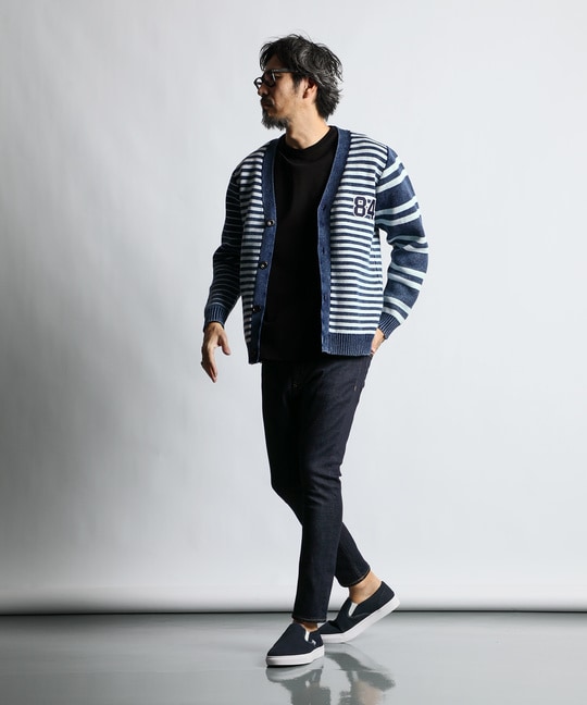 [INDIGO LABEL] ：インディゴ ボーダー ストライプ カーディガン