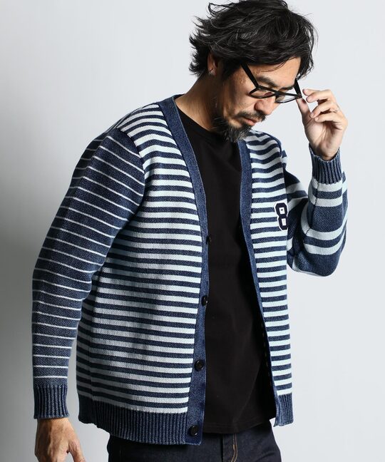 [INDIGO LABEL] ：インディゴ ボーダー ストライプ カーディガン