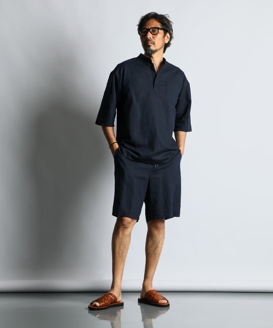 綿麻素材 セットアップショートパンツ