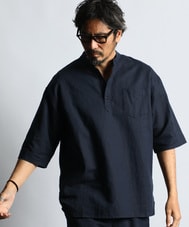 綿麻素材 セットアップ 7分袖バンドカラーシャツ