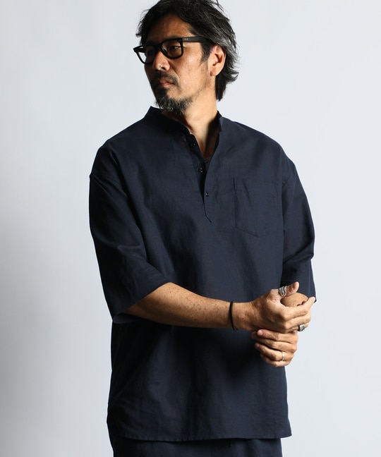 綿麻素材 セットアップ 7分袖バンドカラーシャツ