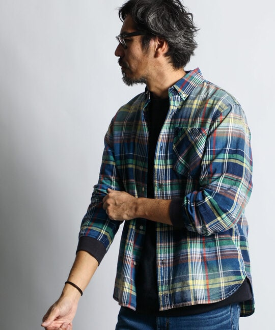 [INDIGO LABEL]：インディゴ マドラスチェック リブ袖シャツ