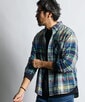 [INDIGO LABEL]：インディゴ マドラスチェック リブ袖シャツ