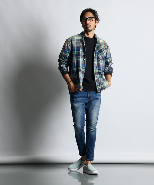 [INDIGO LABEL]：インディゴ マドラスチェック リブ袖シャツ