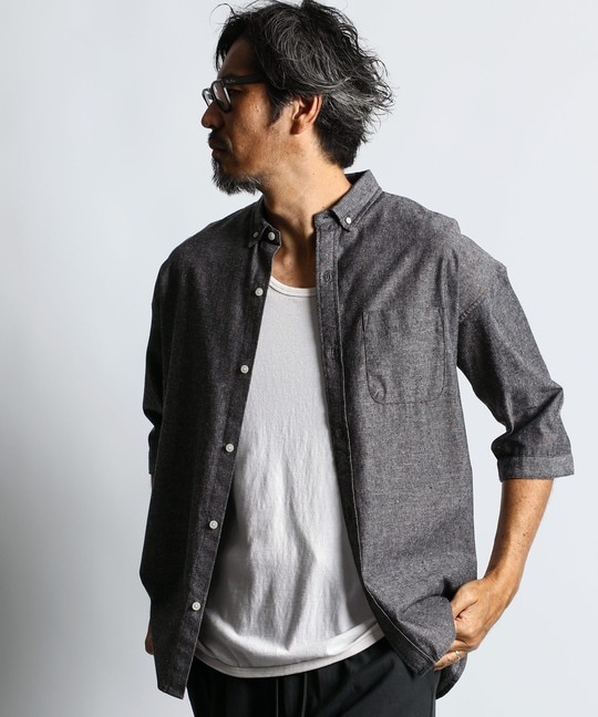 綿麻シャンブレー 5分袖シャツ