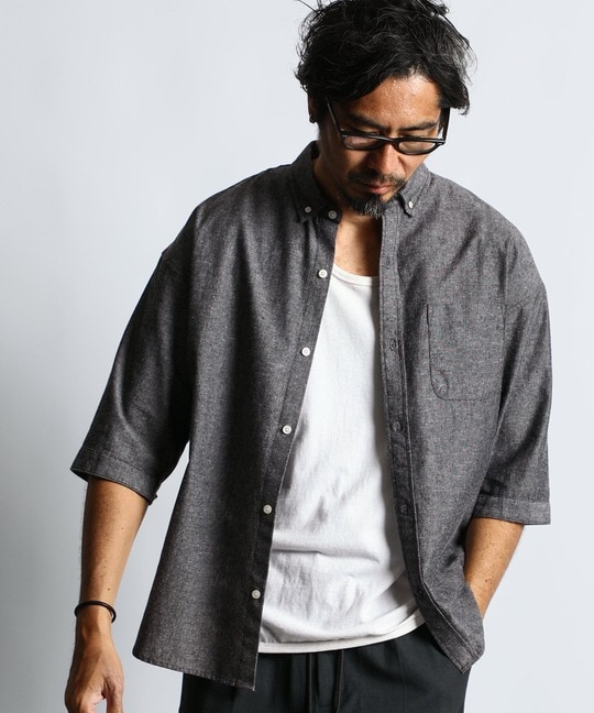 綿麻シャンブレー 5分袖シャツ