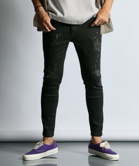 LGBダメージ加工 スリムフィット ブラックデニム 超伸縮「ガムストレッチ デニム」ダメージ＆ペイント加工 ブラック